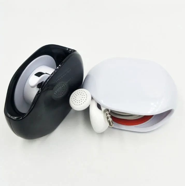 Automatic earphone cable winder retractor in various colours on a white background.