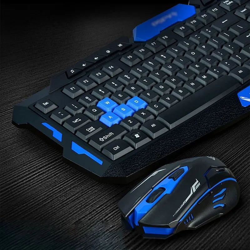 Black and blue wireless keyboard and mouse set with multimedia keys and DPI adjustment