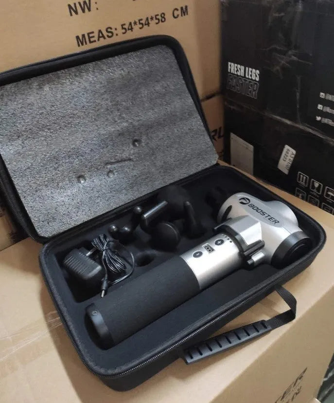 Black and white muscle massage gun with lithium battery and adjustable speed control