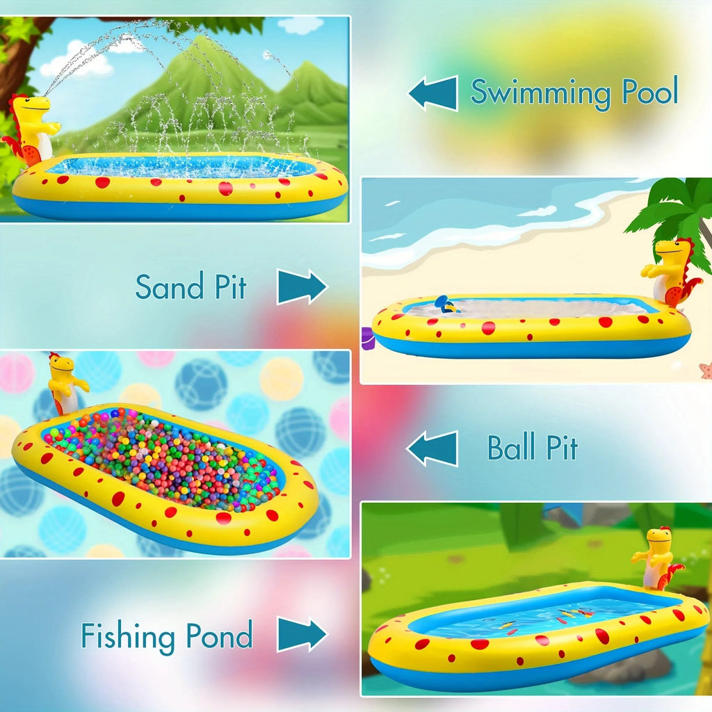 Blue dinosaur-shaped inflatable water spray pool with shark design for kids outdoor play