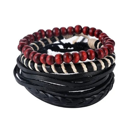 Handmade men's adjustable leather wrap bracelet with wooden beads and woven rope design