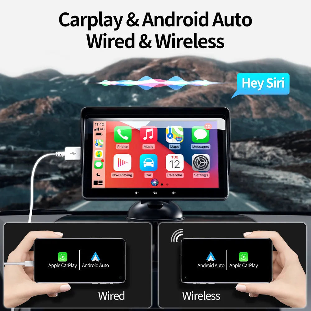 7 inch wireless CarPlay car display with suction cup mount and cigarette lighter power cable