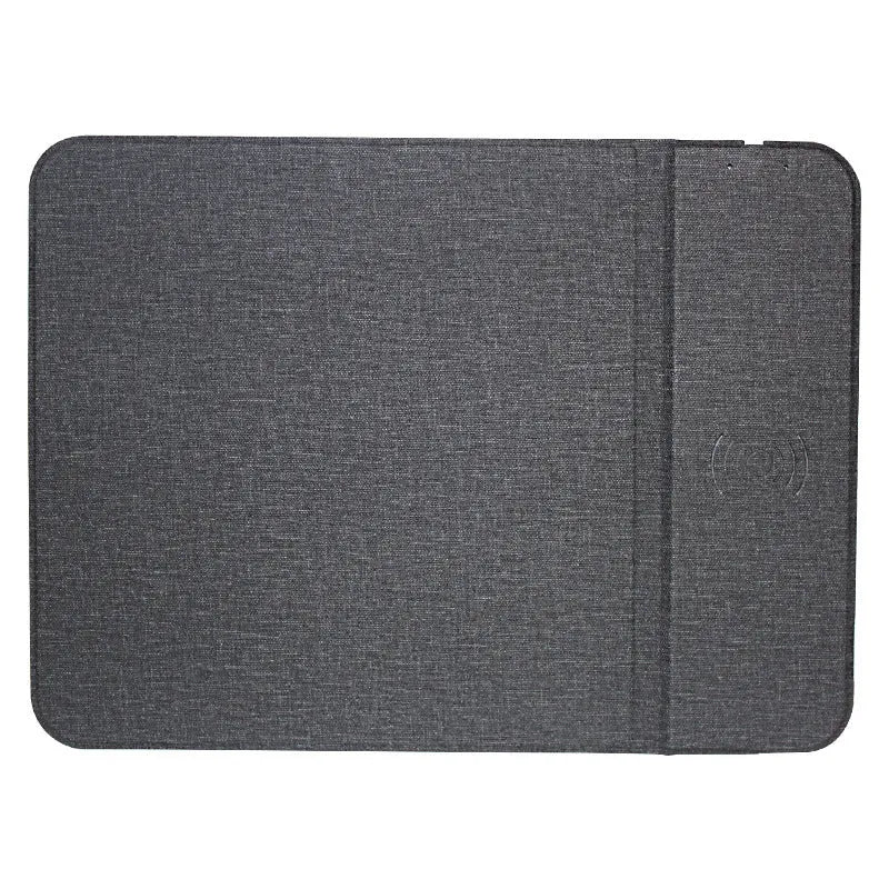 Foldable cloth phone holder open showing Qi wireless charging pad for smartphones.