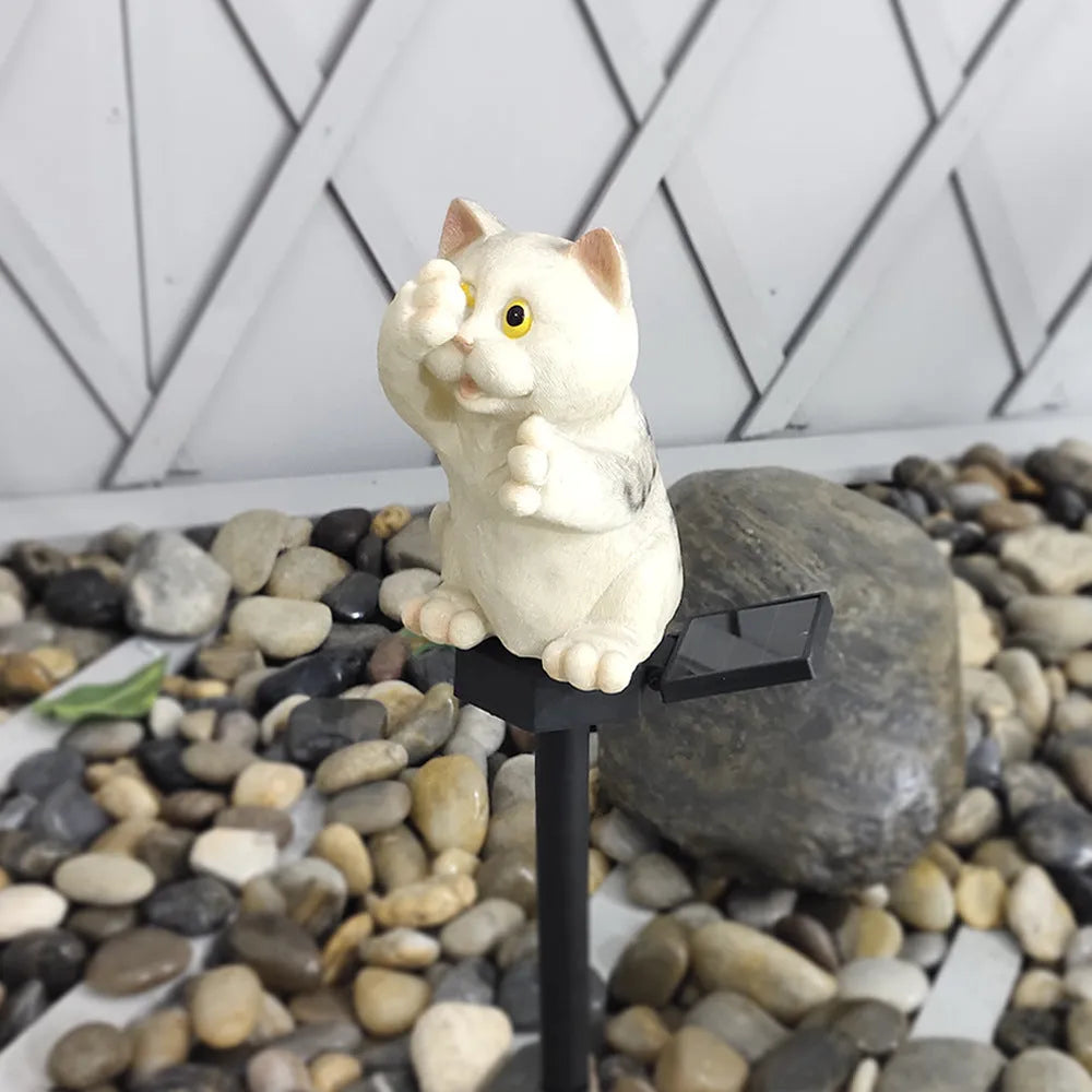 Brown resin cat-shaped solar lawn light with ground spike for garden lighting