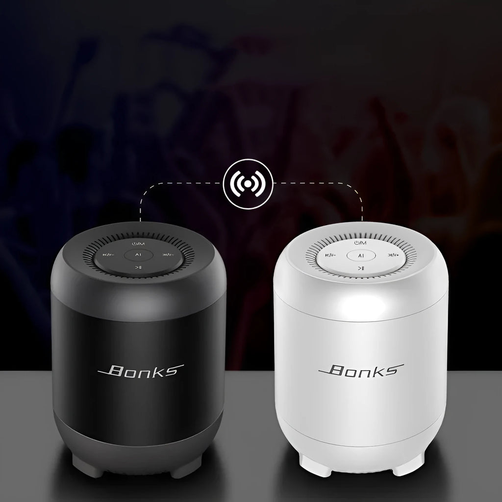Black and white small Bluetooth speaker with AI voice control and buttons