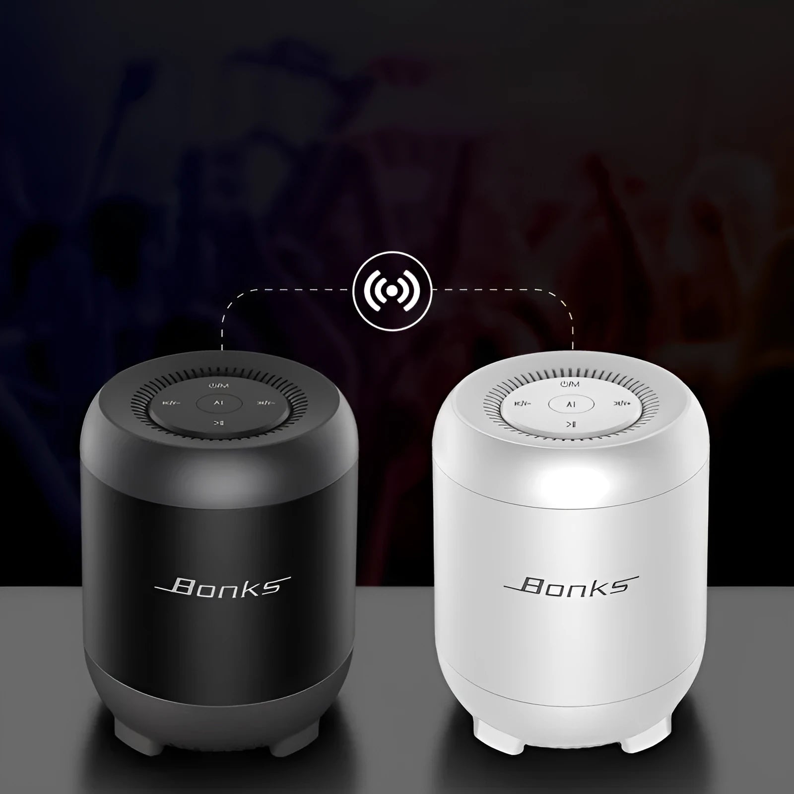 Black and white small Bluetooth speaker with AI voice control and buttons