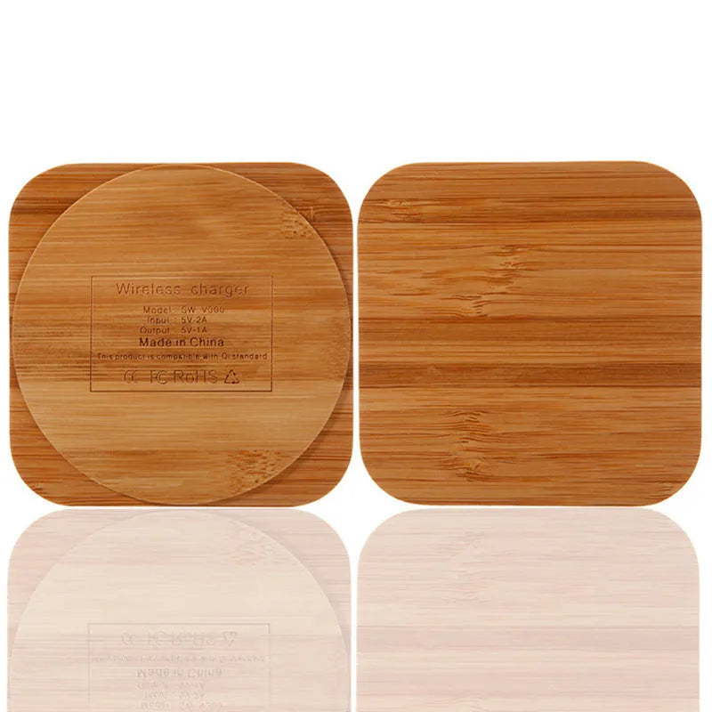 Square brown bamboo wood 5W wireless charger with green LED indicator on desk
