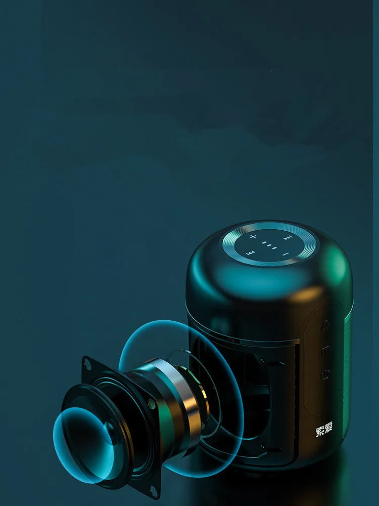 Black portable Bluetooth speaker showing front grille, 30W power, and compact 72mm by 99mm size.
