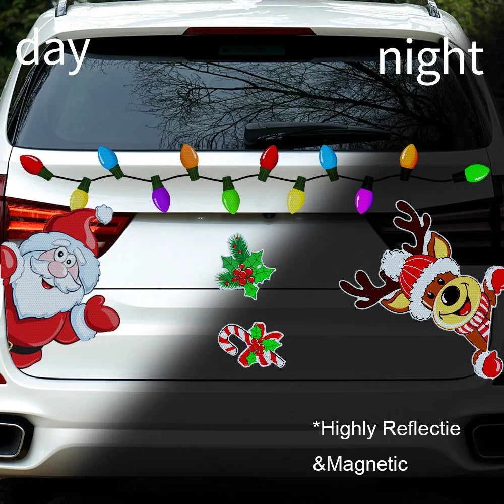 Cartoon-style Christmas elk reflective sticker with magnetic backing for car bumpers.