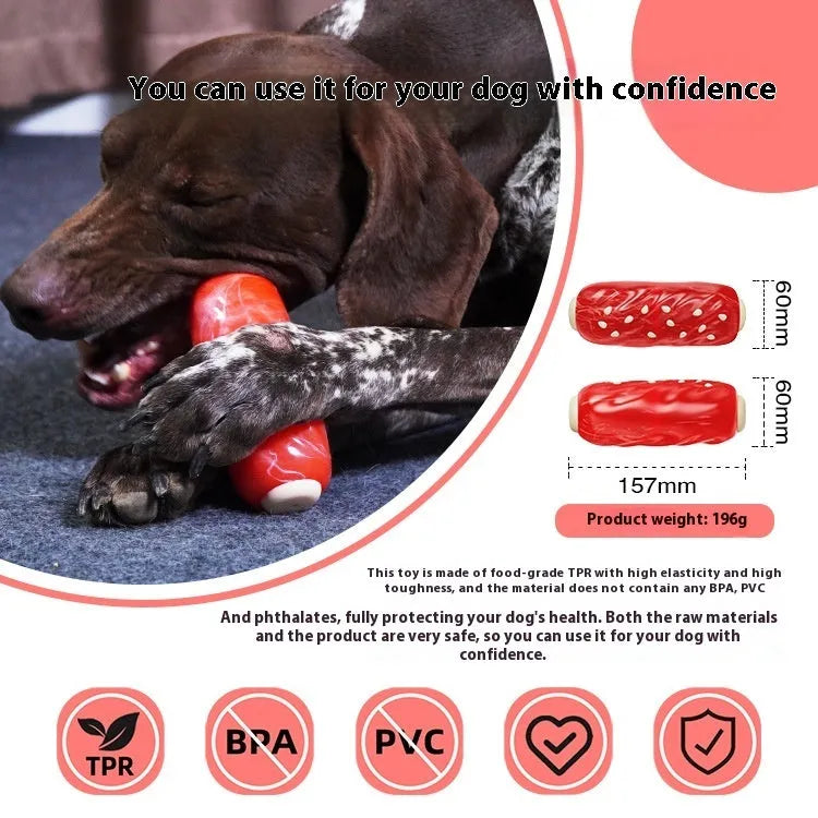 Primary colour plastic dog chew toy shaped like molar rod with bristle-textured surface