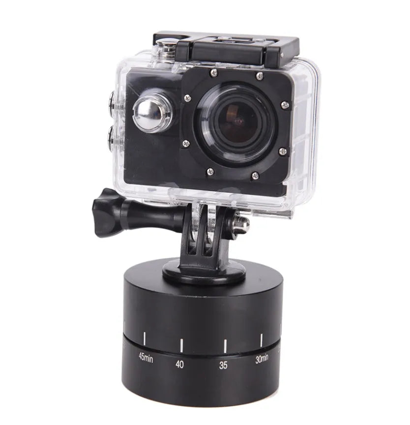 Lapse 360-degree auto rotate camera tripod head mounted on a tripod with a GoPro camera attached.