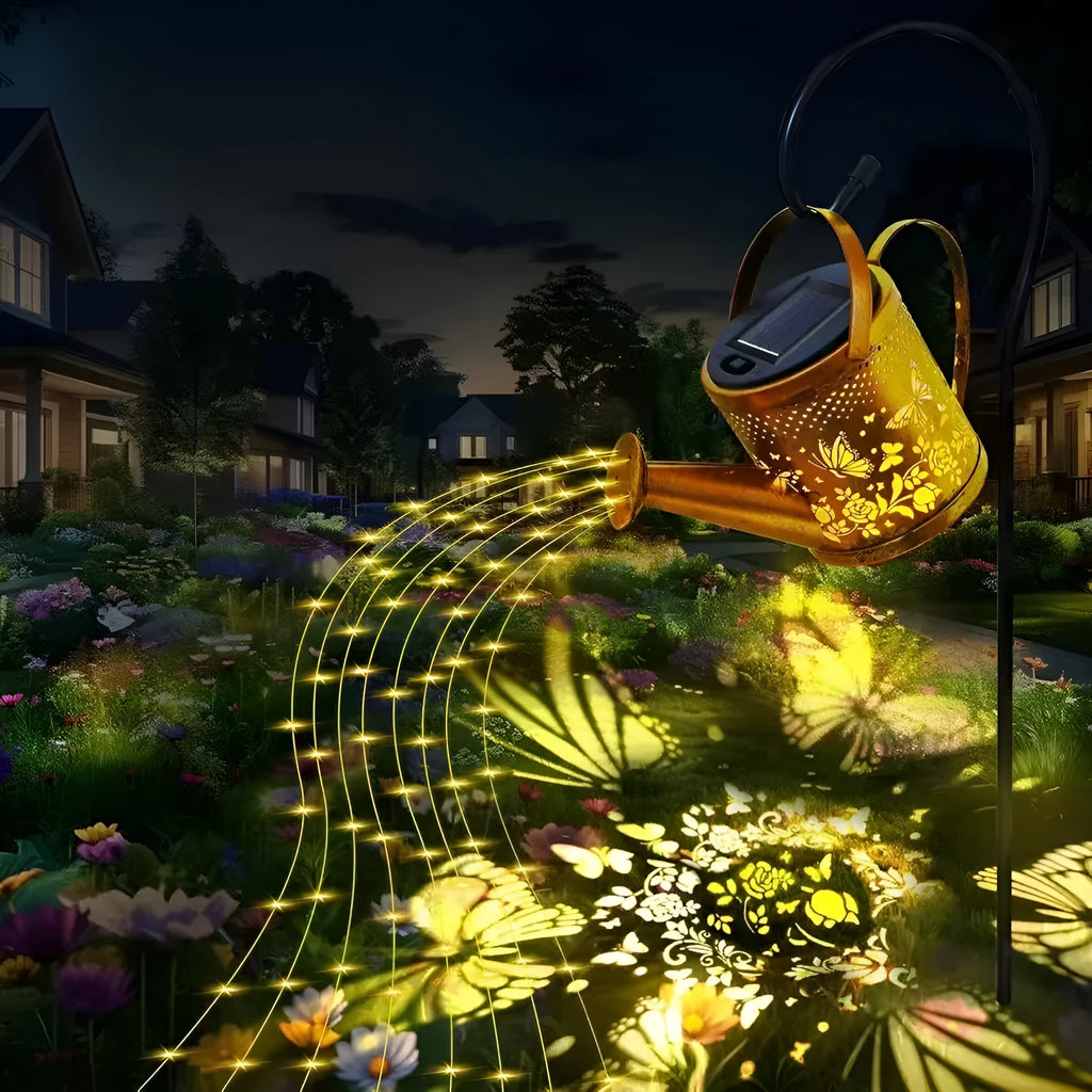 Solar butterfly kettle decorative outdoor light with wrought iron construction and dimensions 210mm high