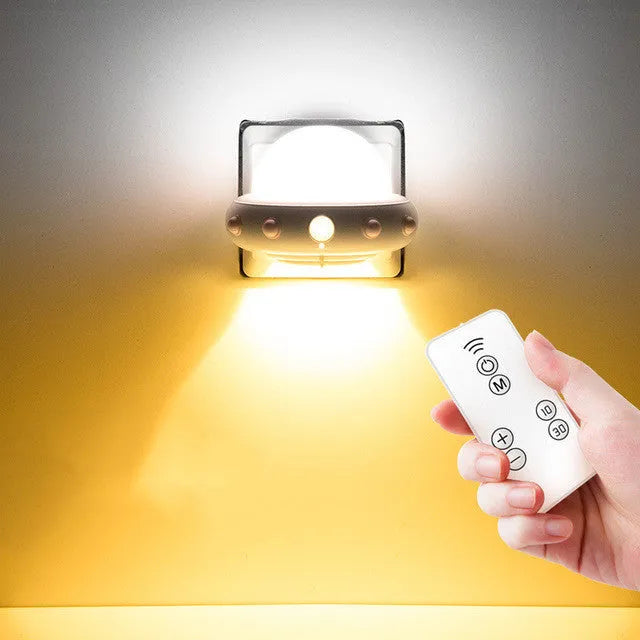 Blue remote control UFO shaped bedside night light with dimensions 105x76x58mm