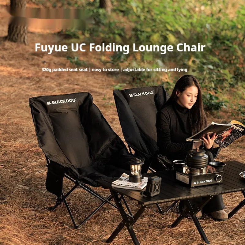 Night black camping recliner chair folded and unfolded showing Oxford cloth material and moon chair design