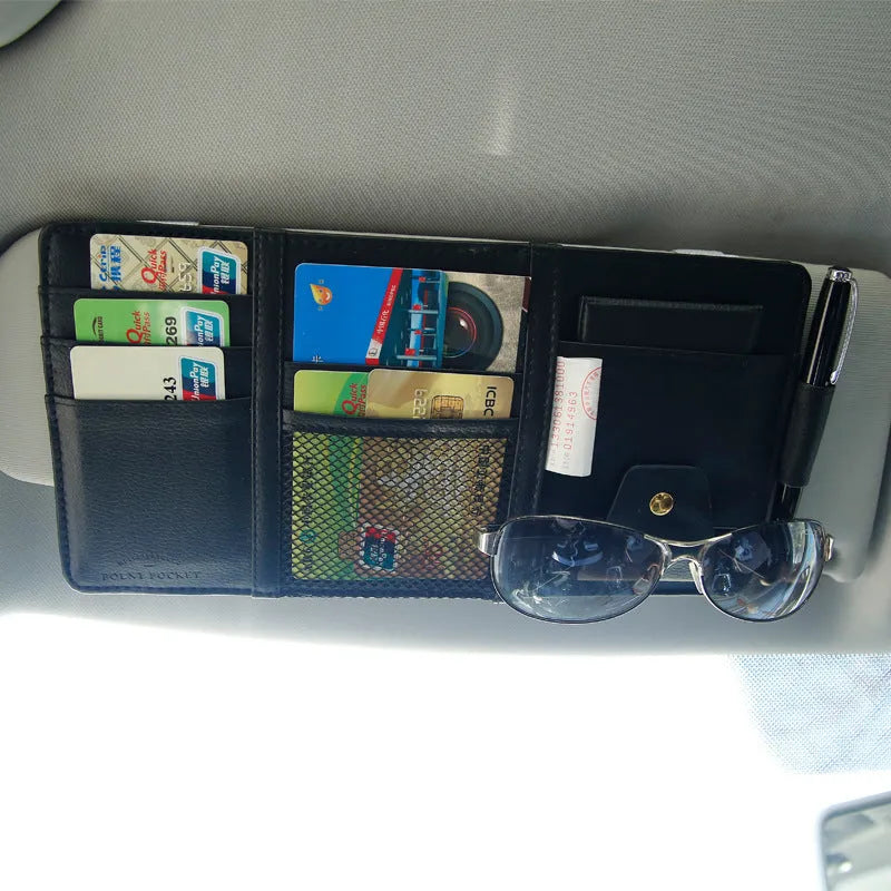 PU leather car sun visor clip organiser 30x14cm holding CD phone glasses and tickets, beige black grey options