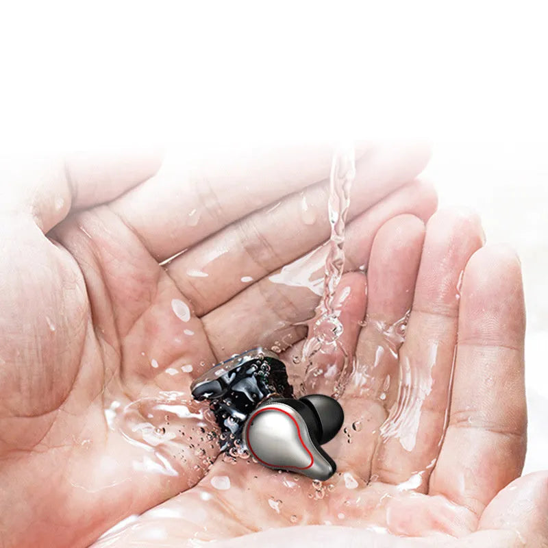 Black and blue wireless in-ear Bluetooth headset with bilateral stereo sound design.