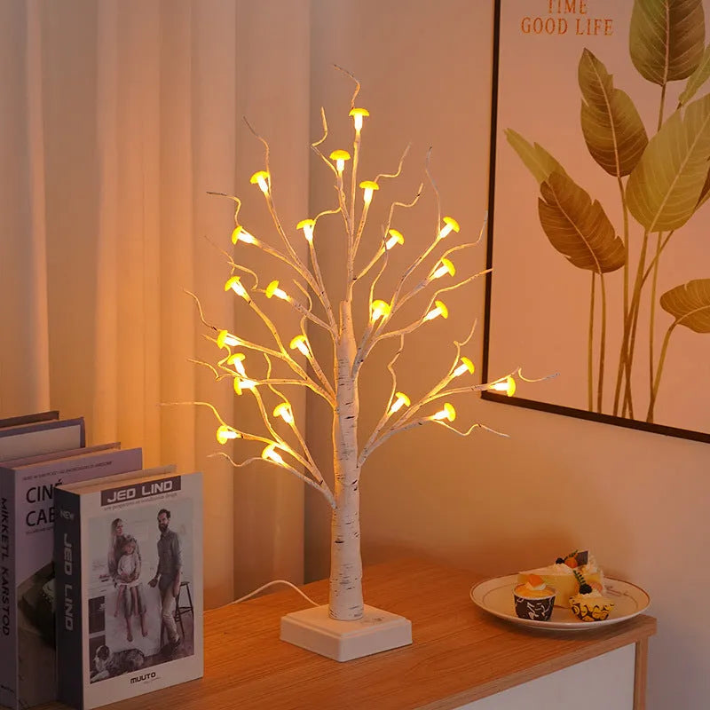 60cm mushroom tree LED lamp with 24 small flowers on birch tree design