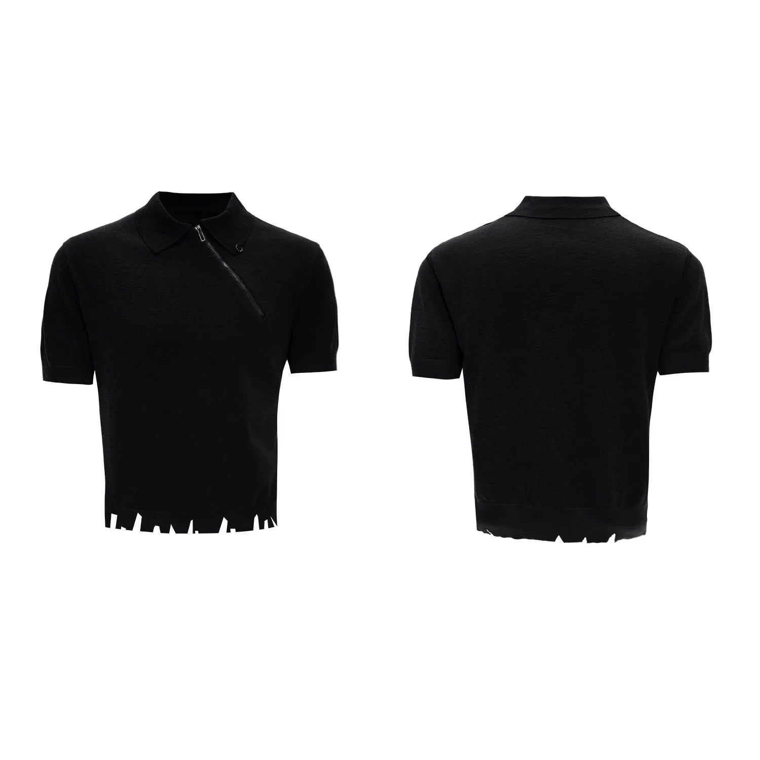 Man modelling a slim-fit black knitted polo shirt with a diagonal oblique zip and lapel collar.