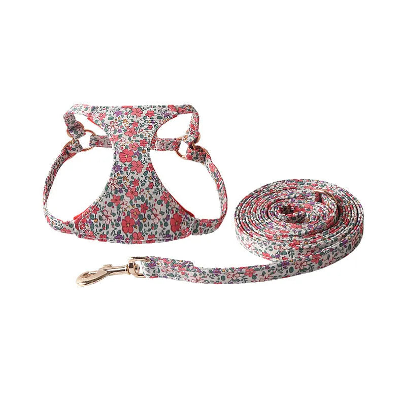 Floral cloth pet harness and leash set for small dogs in multiple colour options