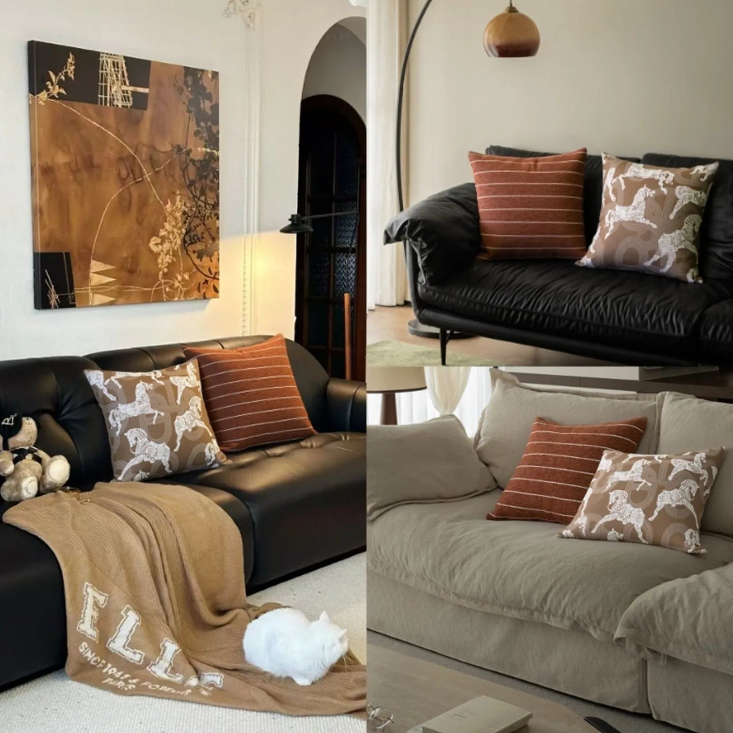 Chinese style square cushion with Maillard colour geometric patterns on living room sofa