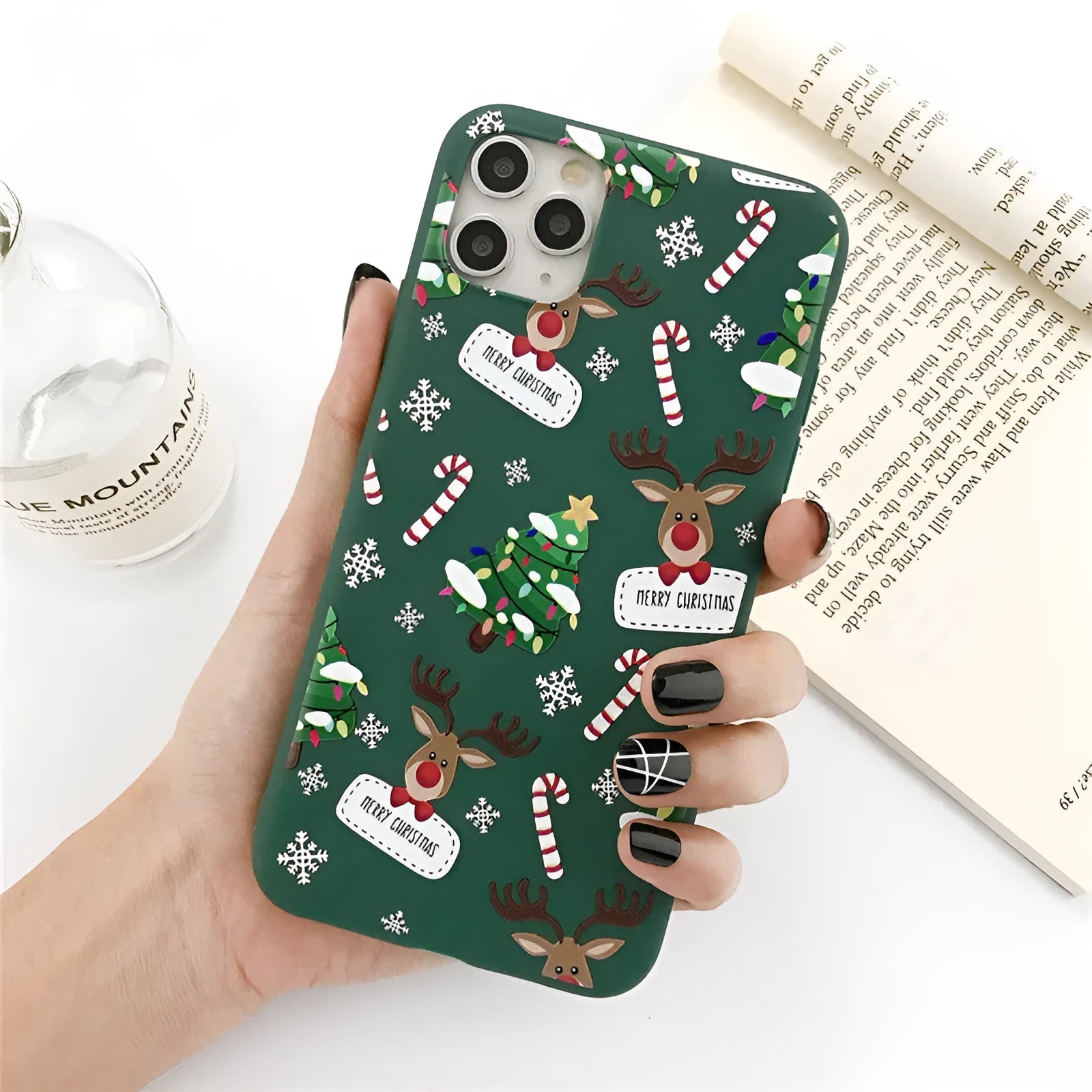 Green Christmas cartoon elk and tree design TPU back cover case for iPhone.