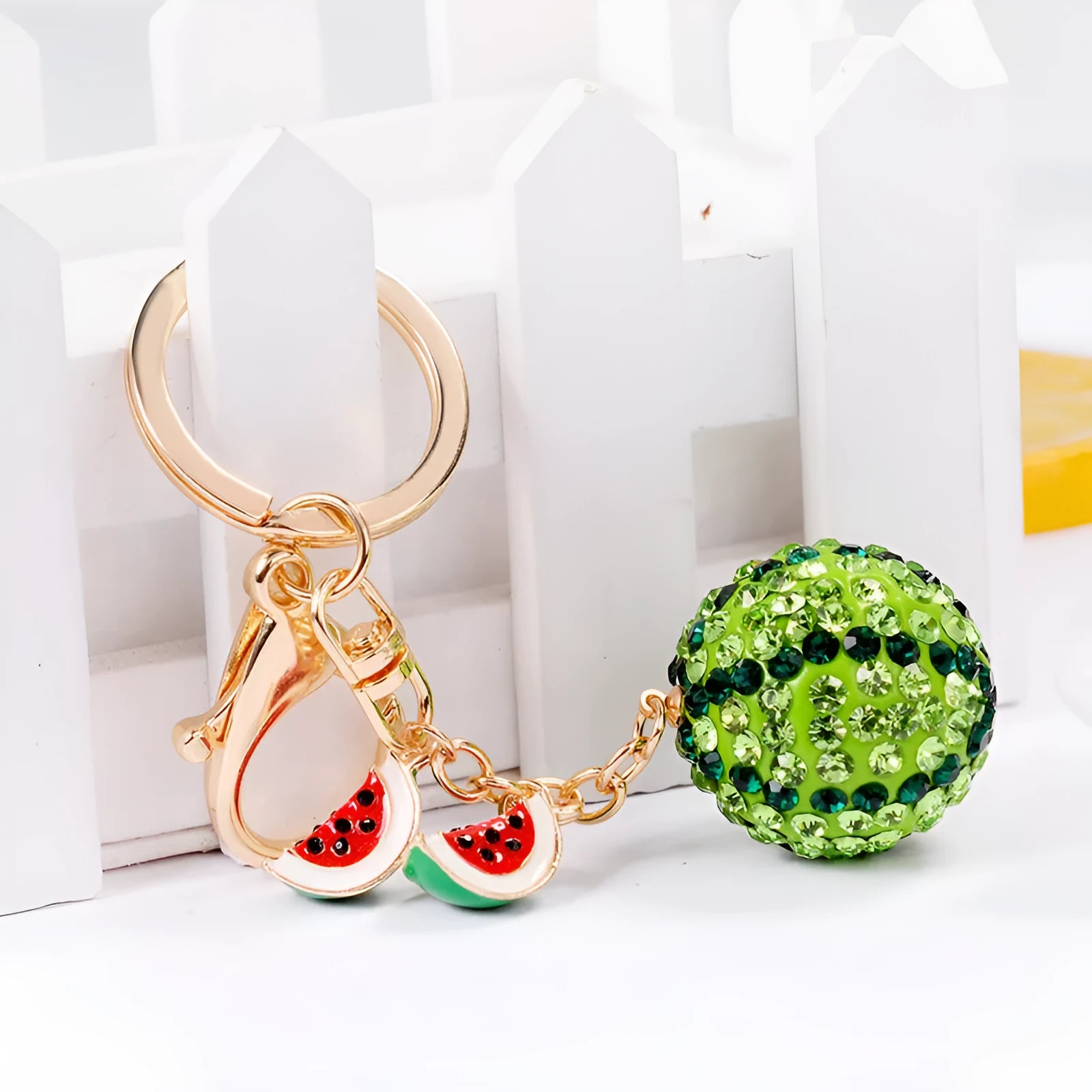 Green watermelon keychain made from zinc alloy measuring 12cm with detailed fruit design and metal clasp