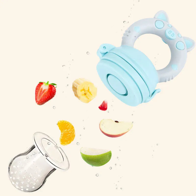 A BPA-free silicone baby teether in blue, showing a single mouthpiece design for infant chewing.