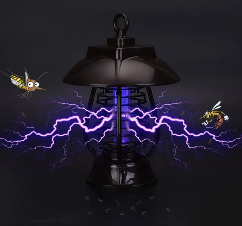 White and black solar mosquito lamp with solar panel, 24 LEDs, and two-way switch for outdoor insect control.