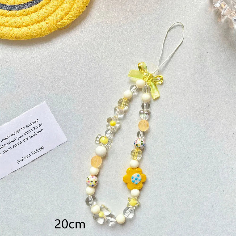 Floral beaded mobile phone lanyard hand rope in yellow, blue, or pink colour options