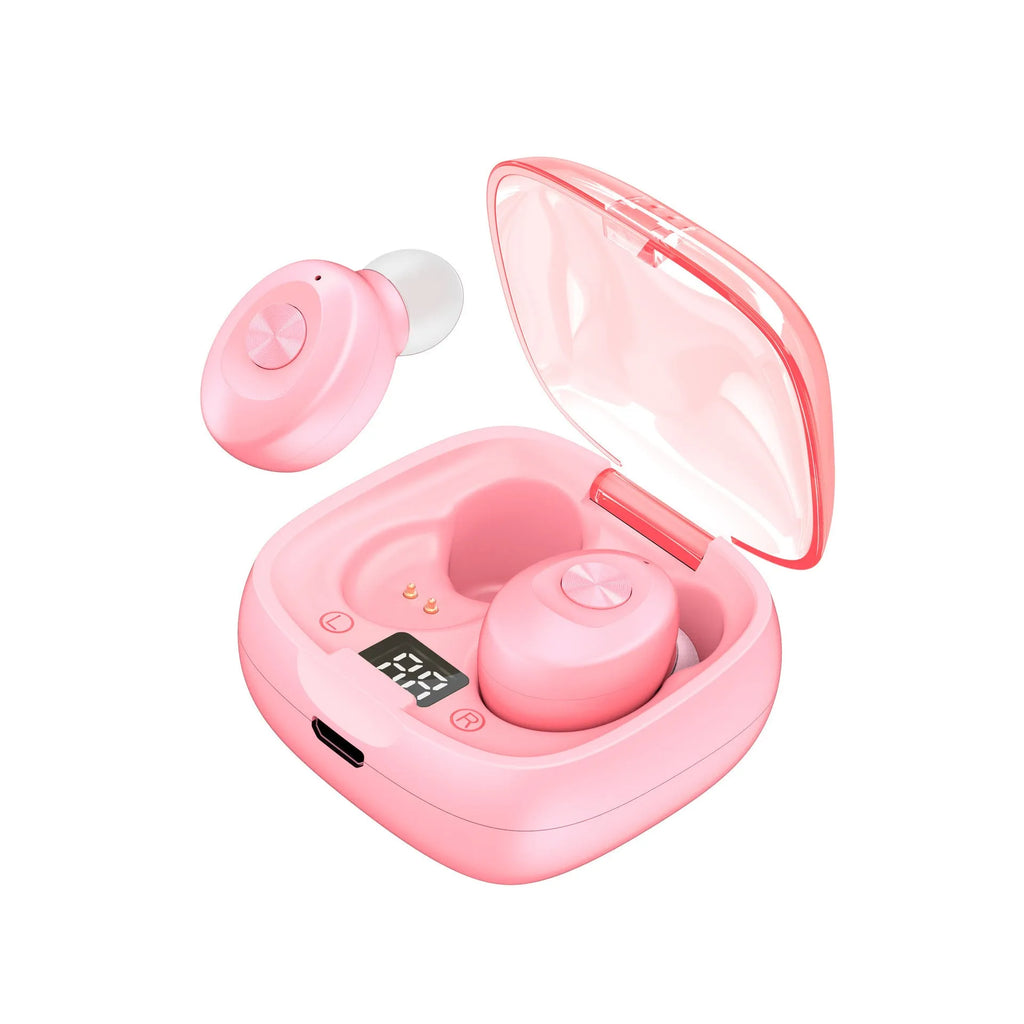 Mini wireless Bluetooth earbuds in Black, Pink, and White with 15mm driver, 10m range, and 4-hour playtime.