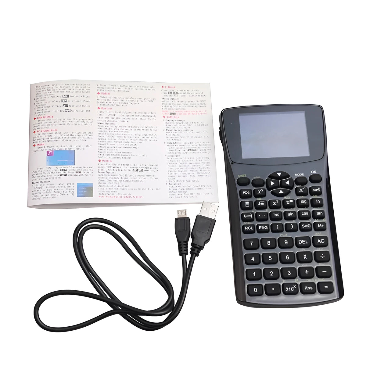 Black multifunctional e-book reader with a 2.8cm screen and an adjustable strap, showing a menu with multiple language options.