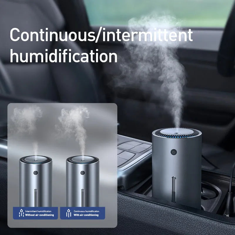 Black aluminium alloy car diffuser humidifier with air purifier on a car dashboard.