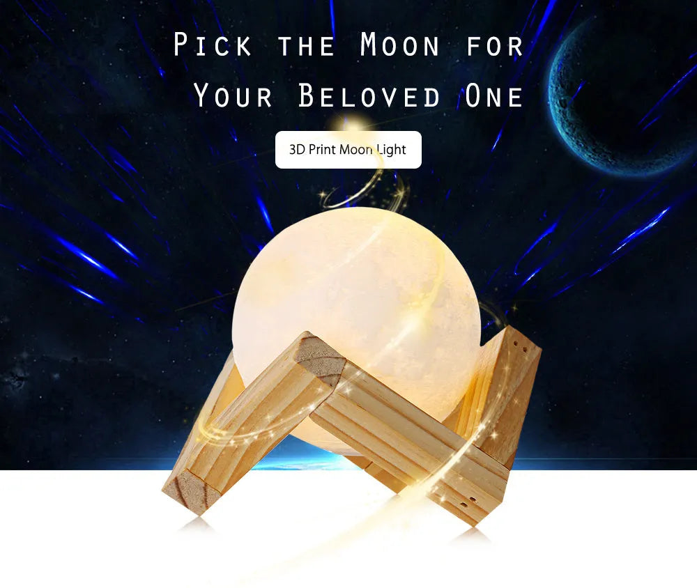 3D printed white moon lamp with detailed craters on a wooden stand, glowing with soft yellow light.