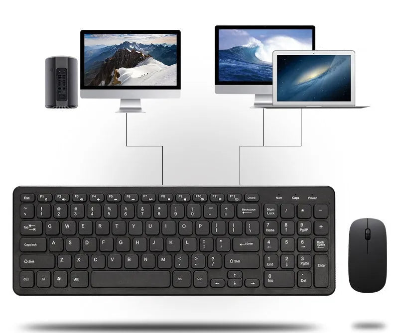 Black wireless keyboard and mouse set with full 96-key layout and USB receiver on a desk
