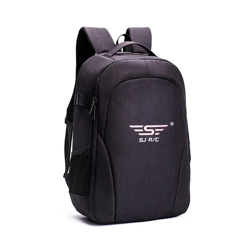 Black Oxford cloth drone backpack with internal organisers for camera and computer compartments