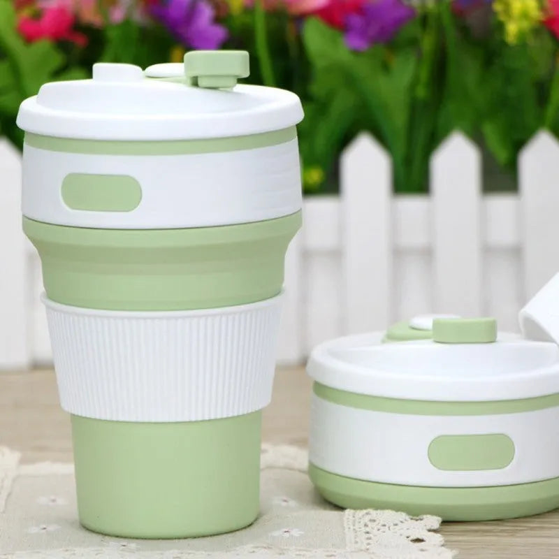 Green collapsible silicone travel mug showing expanded 350ml capacity and folded 6cm height