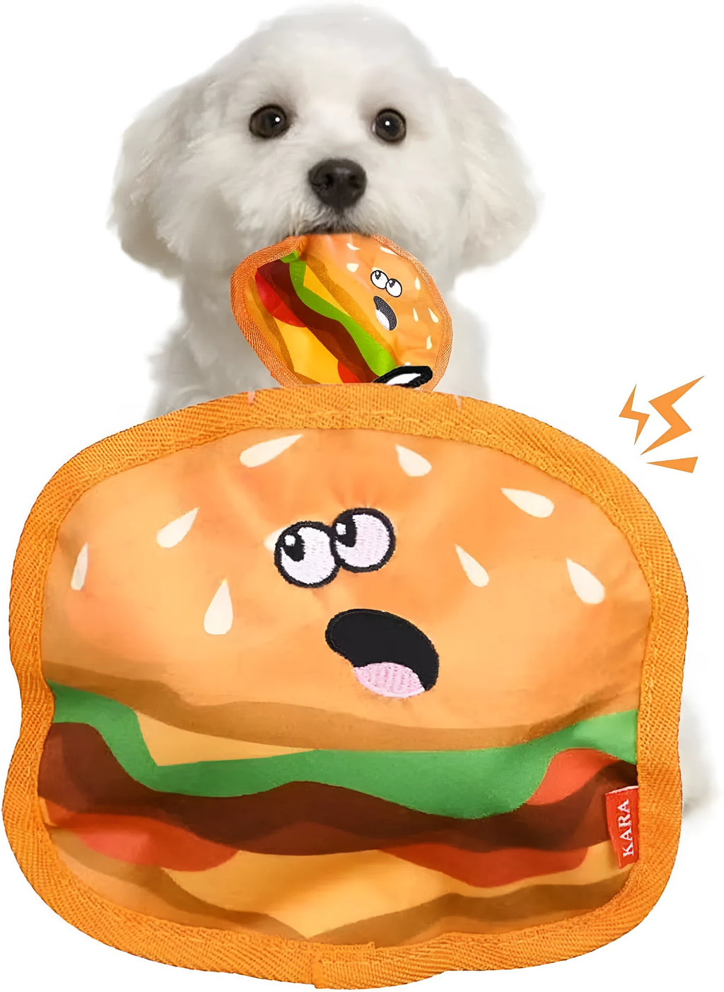 A set of four colourful crinkle and squeak dog toys shaped like a burger, fries, a hot dog, and a pizza.