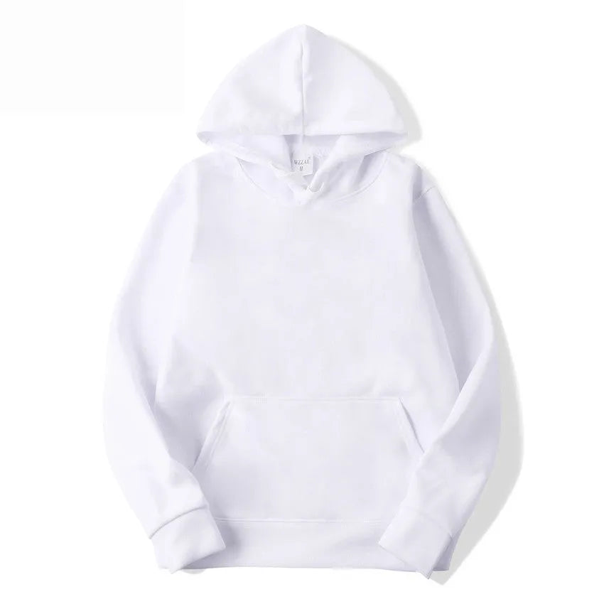 White unisex cotton blend pullover hoodie with hood and long sleeves