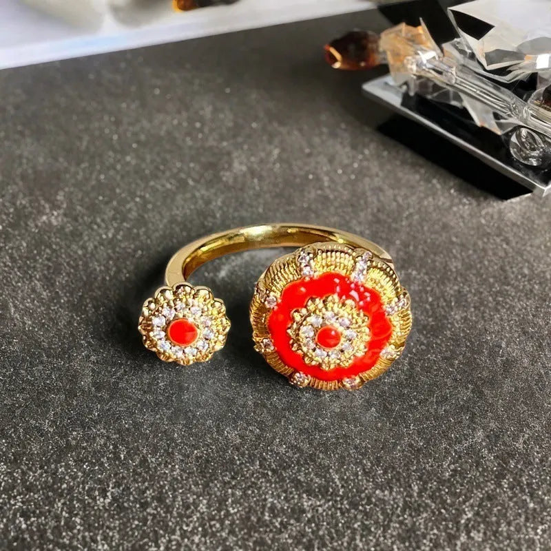 Adjustable copper gourd ring with vintage oil dripping finish and New Chinese style decoration