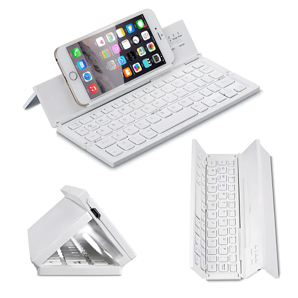Mini folding ultra-thin wireless Bluetooth keyboard in black or white for tablets and smartphones