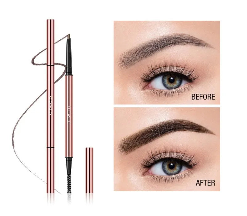 Eyebrow makeup pencil with triangular tip in colour box, shown in shades Auburn, Blonde, Caramel, Dark Brown, Soft Brown, Taupe.