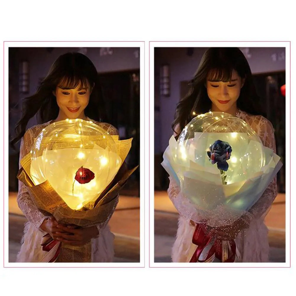 LED illuminated balloon rose bouquet with transparent bobo ball decoration