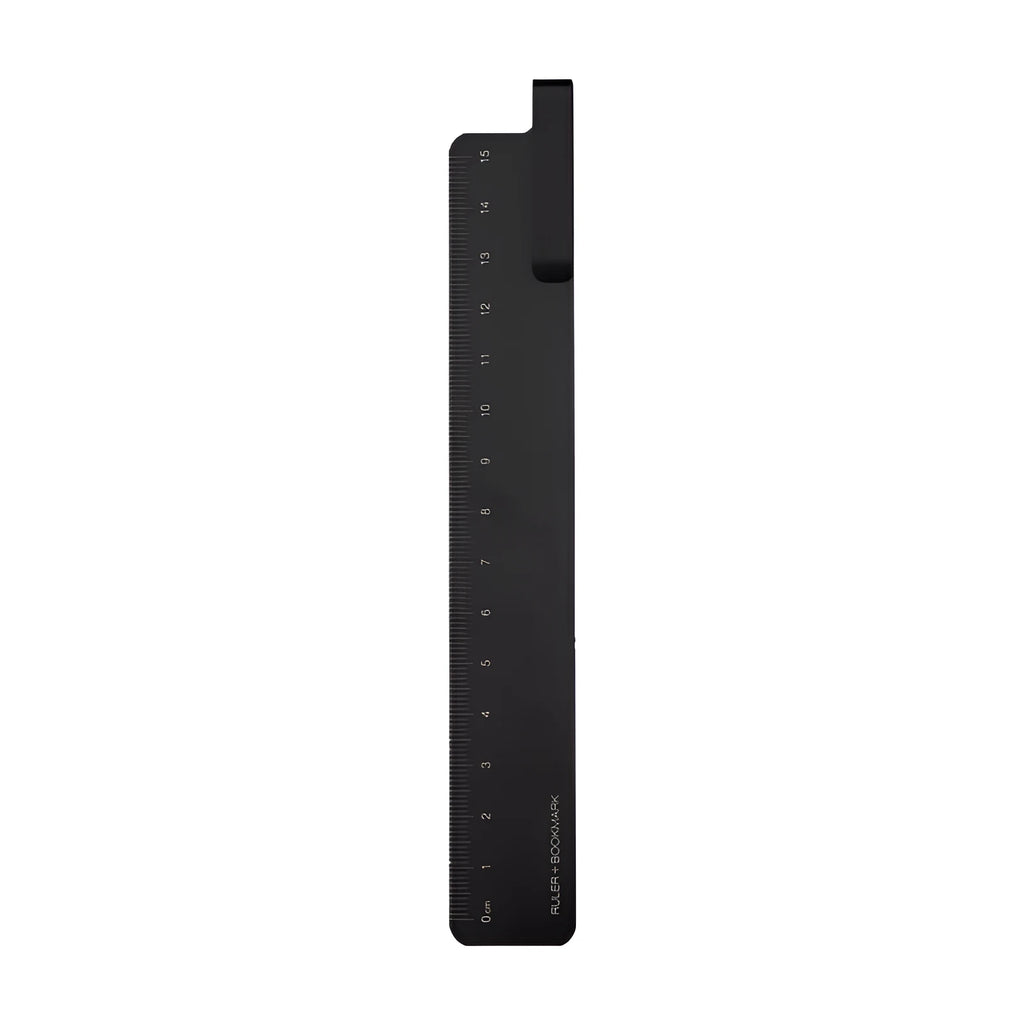 RUMA black aluminium ruler bookmark showing 15cm laser-engraved scale