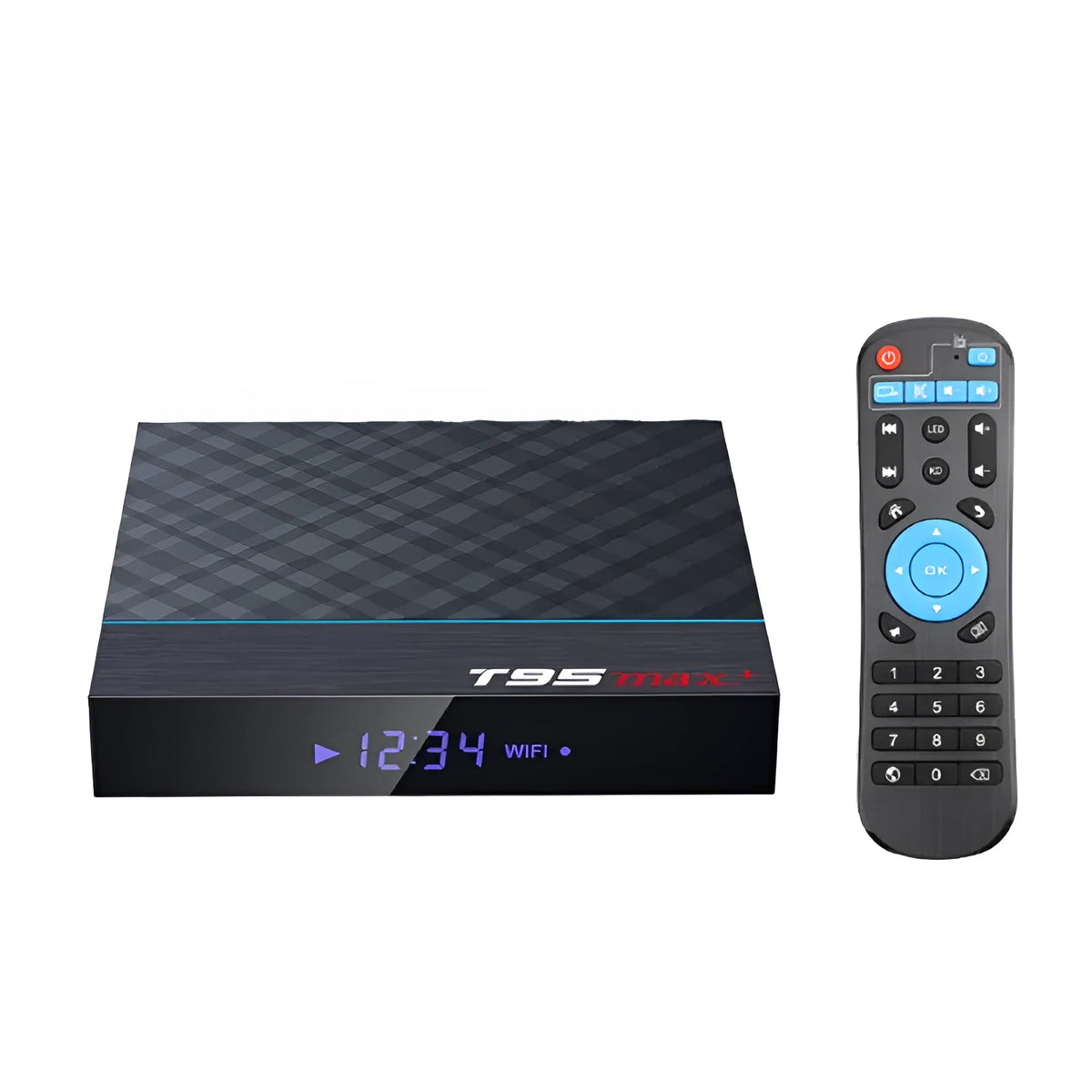 Black T95 Max Plus Android TV box with remote control, showing choice of UK, US, and EU plug options.