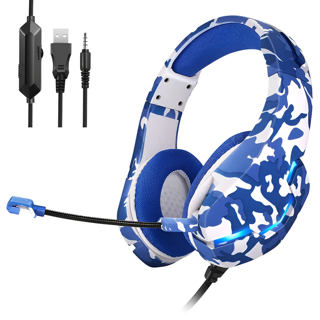 J10 camouflage gaming headset with cloth earmuffs and braided cable shown with adapter