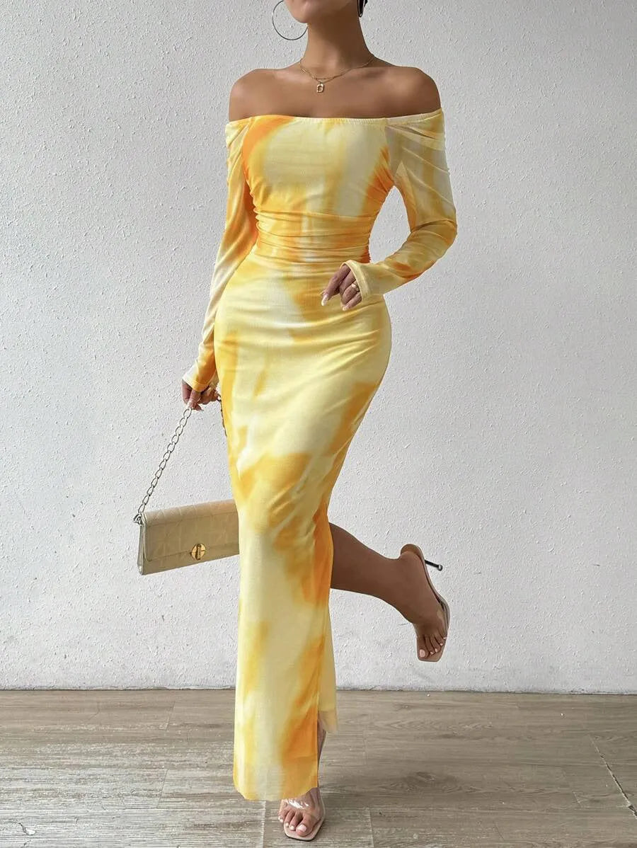 Women's printed mesh fishtail dress with square collar in gradient colours