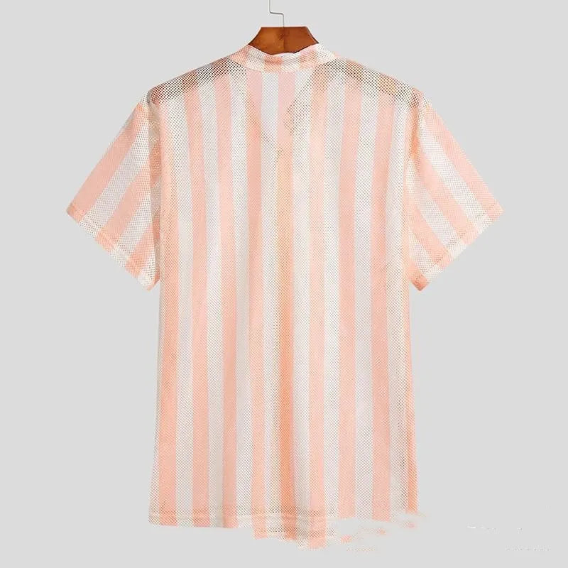 Pink men's casual shirt with waffle texture fabric and short sleeves in loose cardigan style