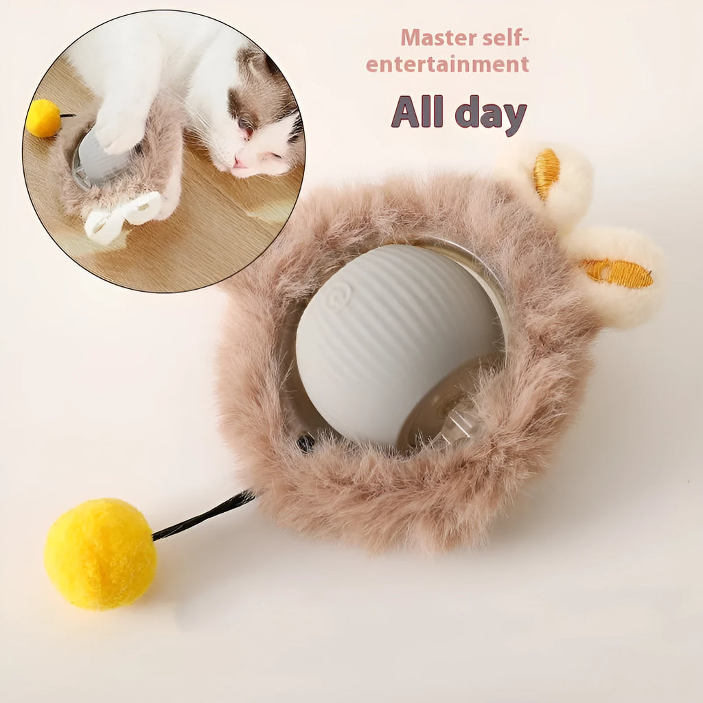 Self-hi cat rolling ball toy with plush cat shape and silicone ball