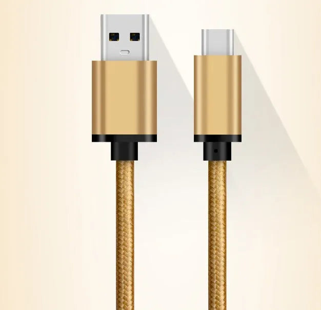 USB 3.0 to USB-C braided charging cable with metal plugs in gold, grey, and silver colour options