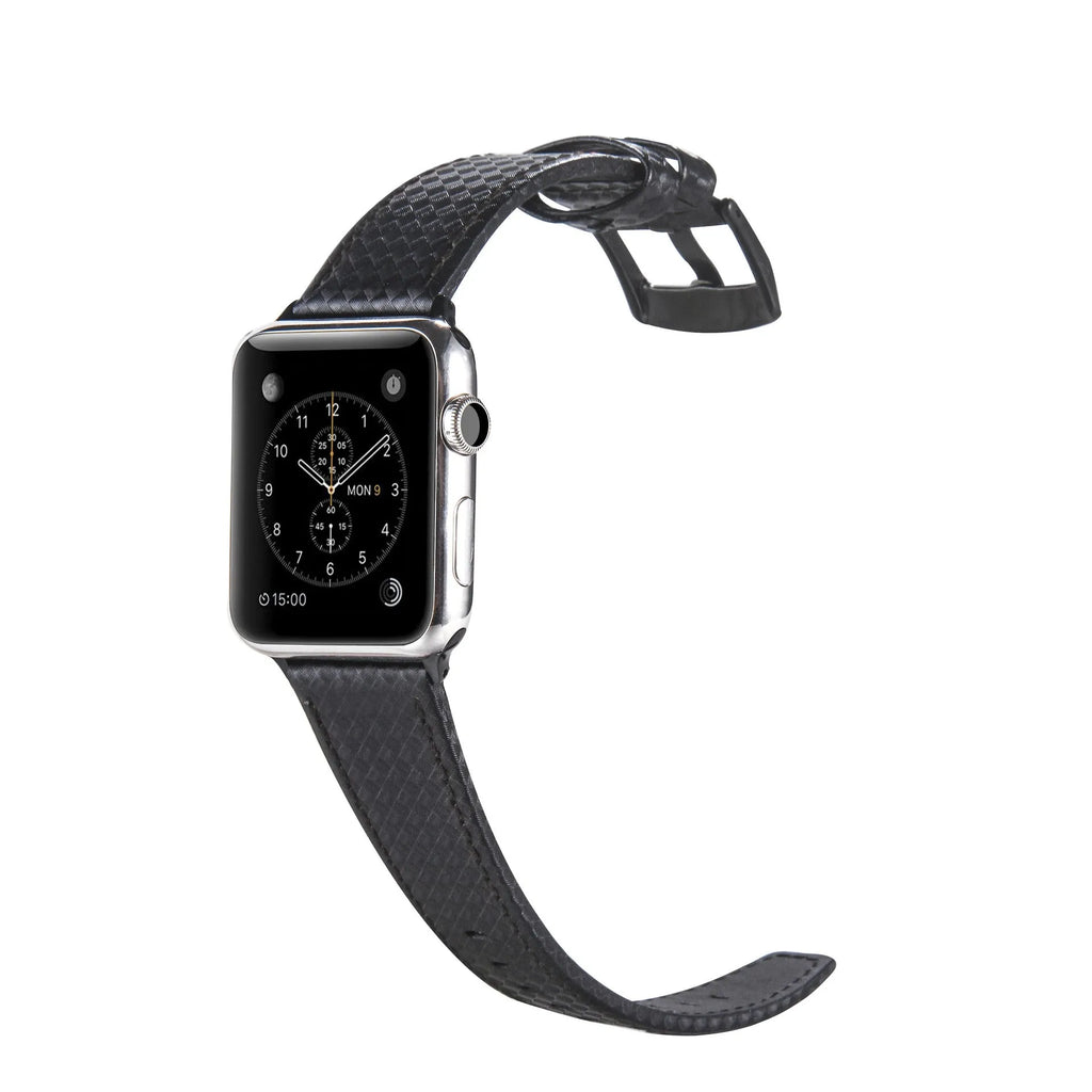 Leather and carbon fibre iPhone watch strap in black, blue, orange, and red for Apple Watch